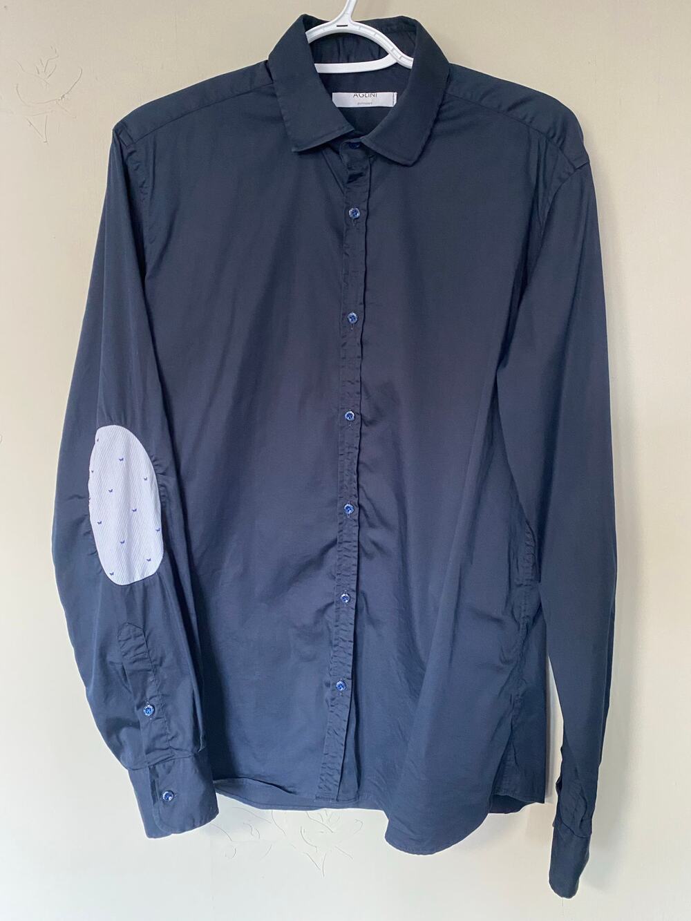 Aglini Luxury Italian Navy Dress Shirt Elbow Patches Pinstripes Butterfies 40 EU